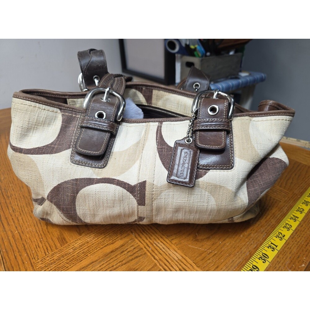 Coach Signature Canvas Ivory Brown Tote F12195 *BROKEN ZIPPER*